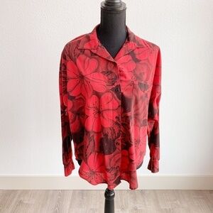 VINTAGE rosebud II red black island floral button up shirt top large